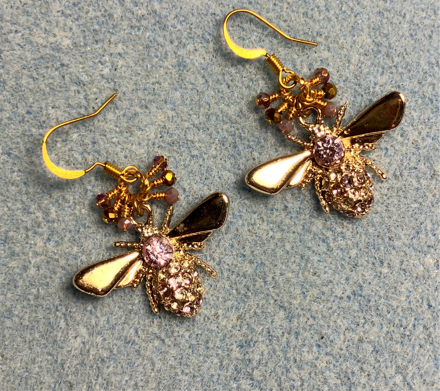 Violet and gold rhinestone honeybee charm earrings adorned with tiny dangling violet and gold Chinese crystal beads.