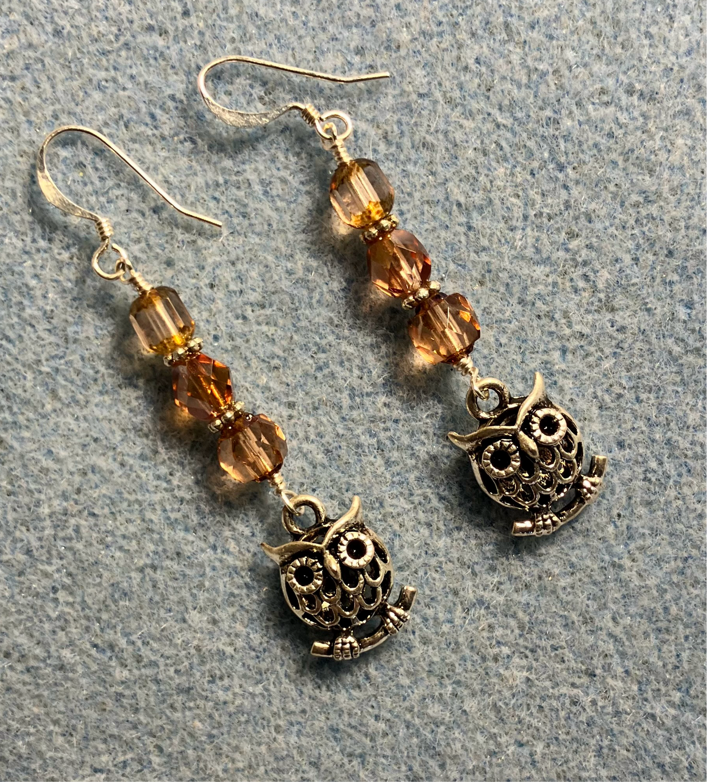 Silver owl charm earrings adorned with rose Czech glass beads