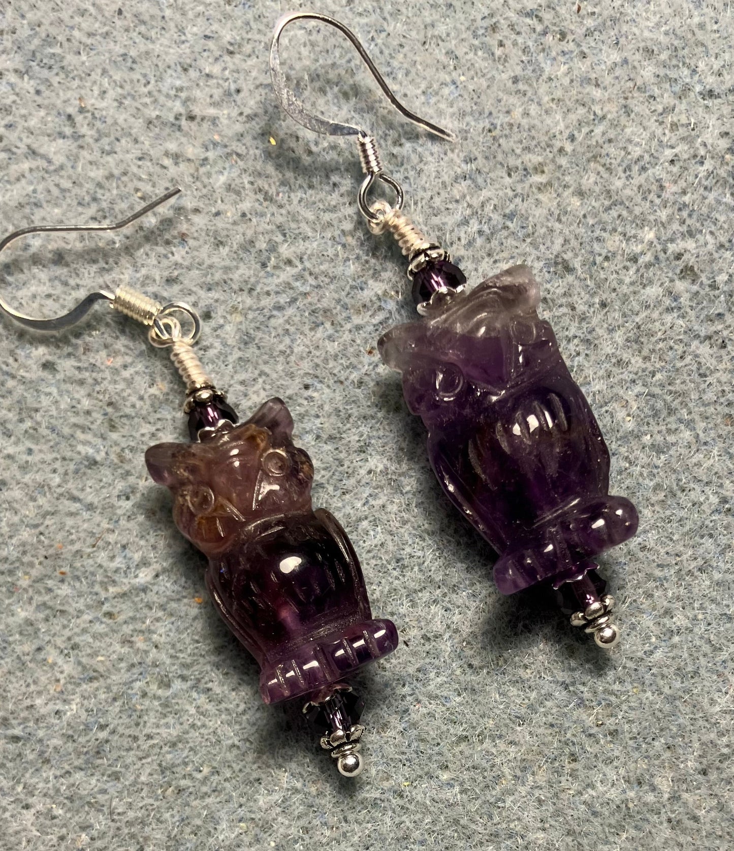 Genuine amethyst gemstone owl bead earrings adorned with purple Chinese crystal beads.