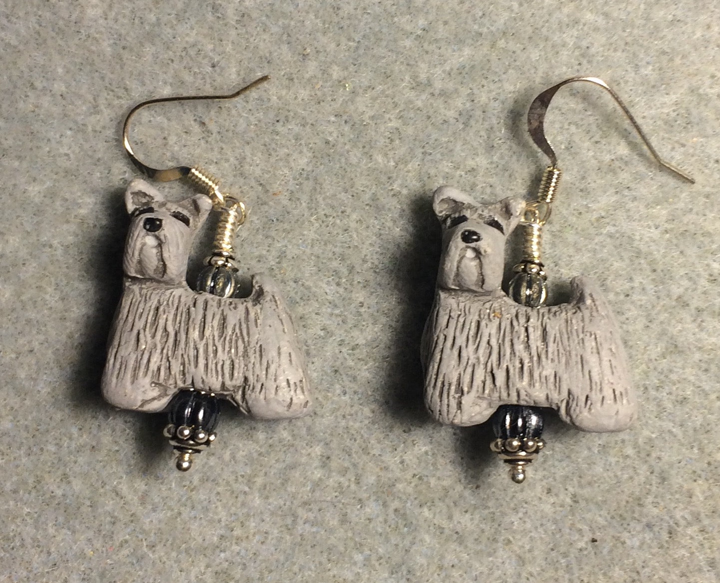 Gray ceramic Schnauzer bead earrings adorned with gray Czech glass beads.