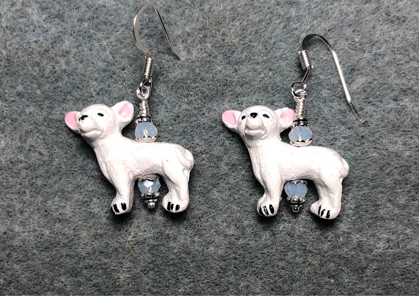 White ceramic chihuahua bead earrings adorned with white Chinese crystal beads.