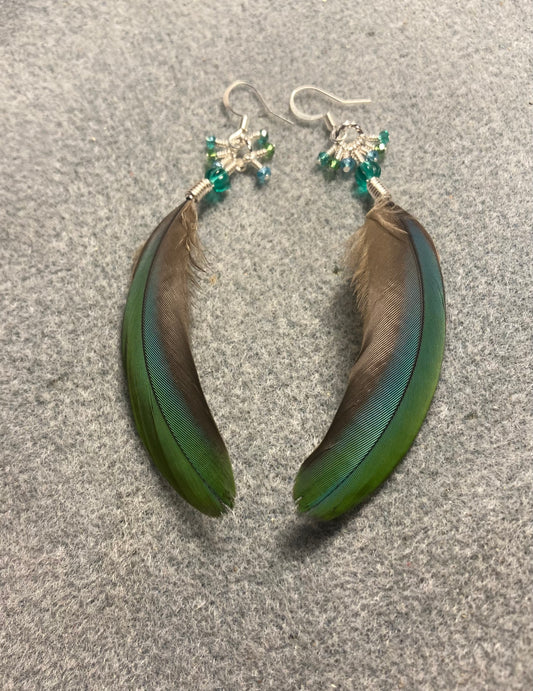 Teal and green mini macaw feather earrings adorned with tiny dangling teal and green Chinese crystal beads.