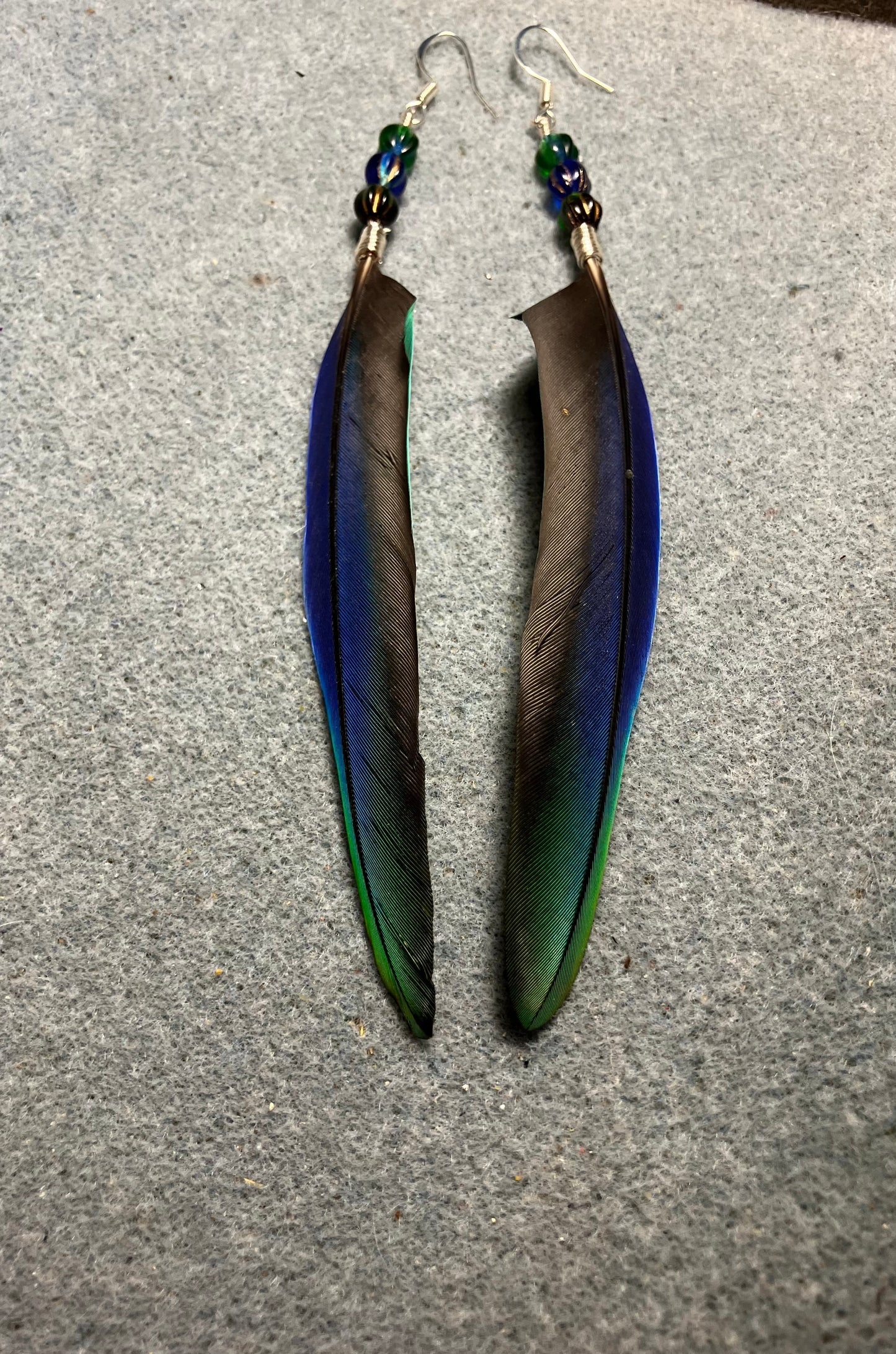 Rare iridescent blue and green Pionus parrot feather earrings adorned with blue and green Czech glass beads.