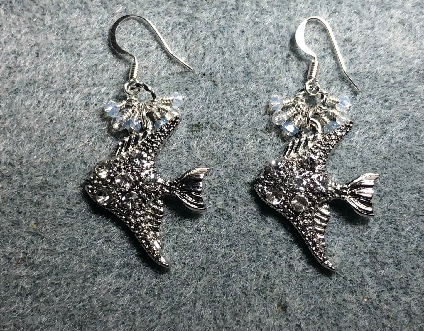 Silver and clear rhinestone angelfish charm earrings adorned with tiny dangling silver and clear Chinese crystal beads.