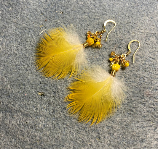 Small amber yellow macaw feather earrings adorned with tiny dangling amber and yellow Chinese crystal beads.