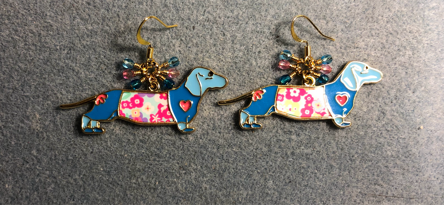 Large turquoise and pink dachshund charm earrings adorned with tiny dangling turquoise and pink Czech glass beads.