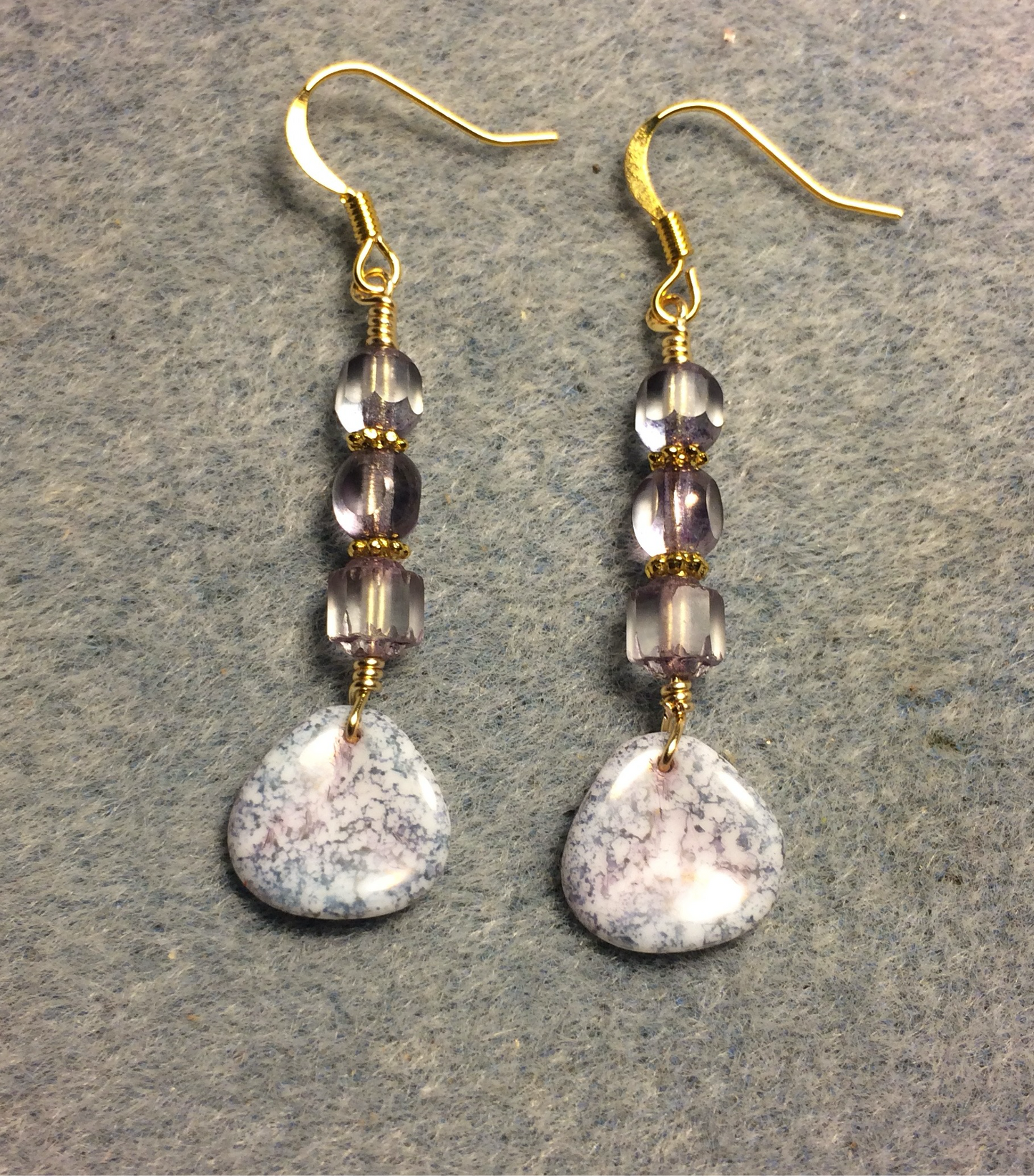Light violet speckled Czech glass rose petal earrings adorned with light violet Czech glass beads.