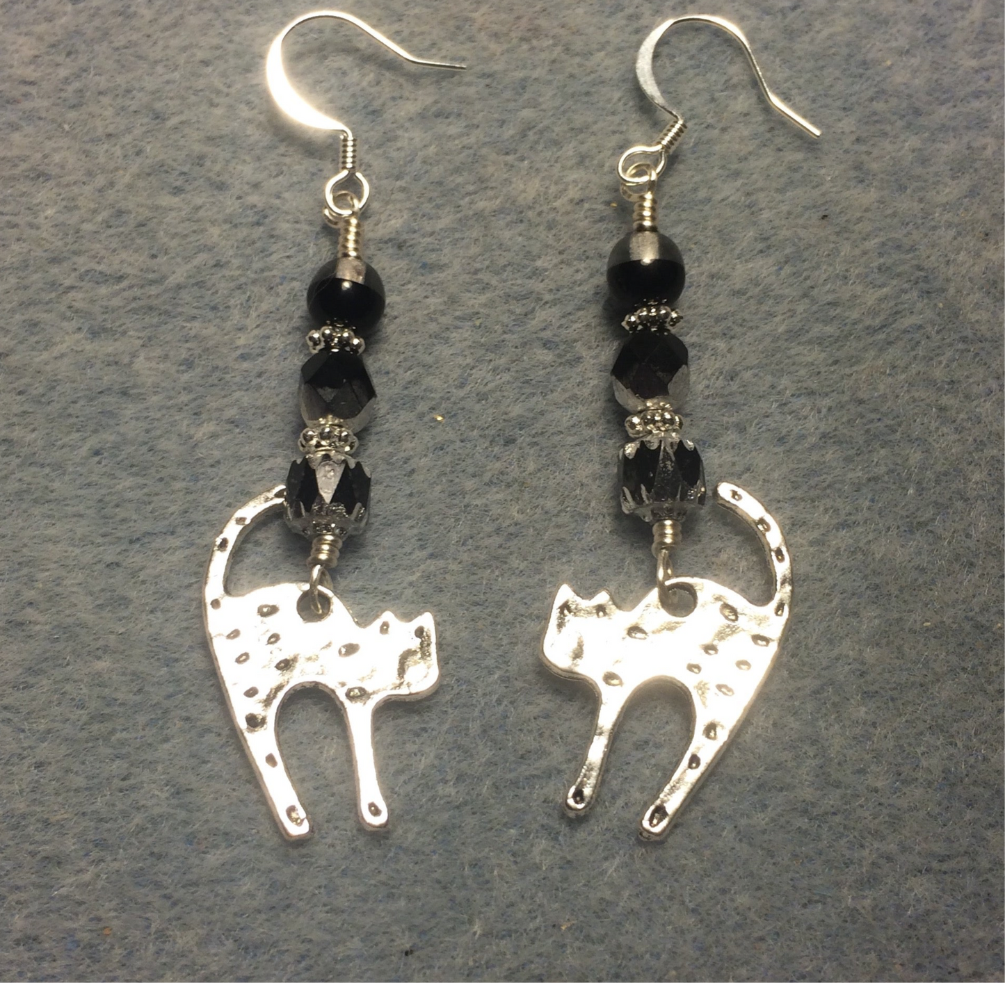Silver scaredy cat charm earrings adorned with black Czech glass beads