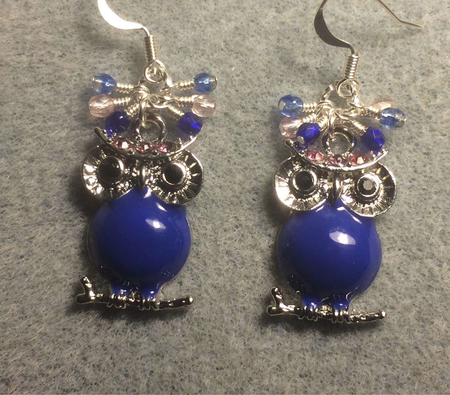 Dark blue, pink, and silver enamel and rhinestone owl charm earrings adorned with tiny dangling dark blue and pink Chinese crystal beads.