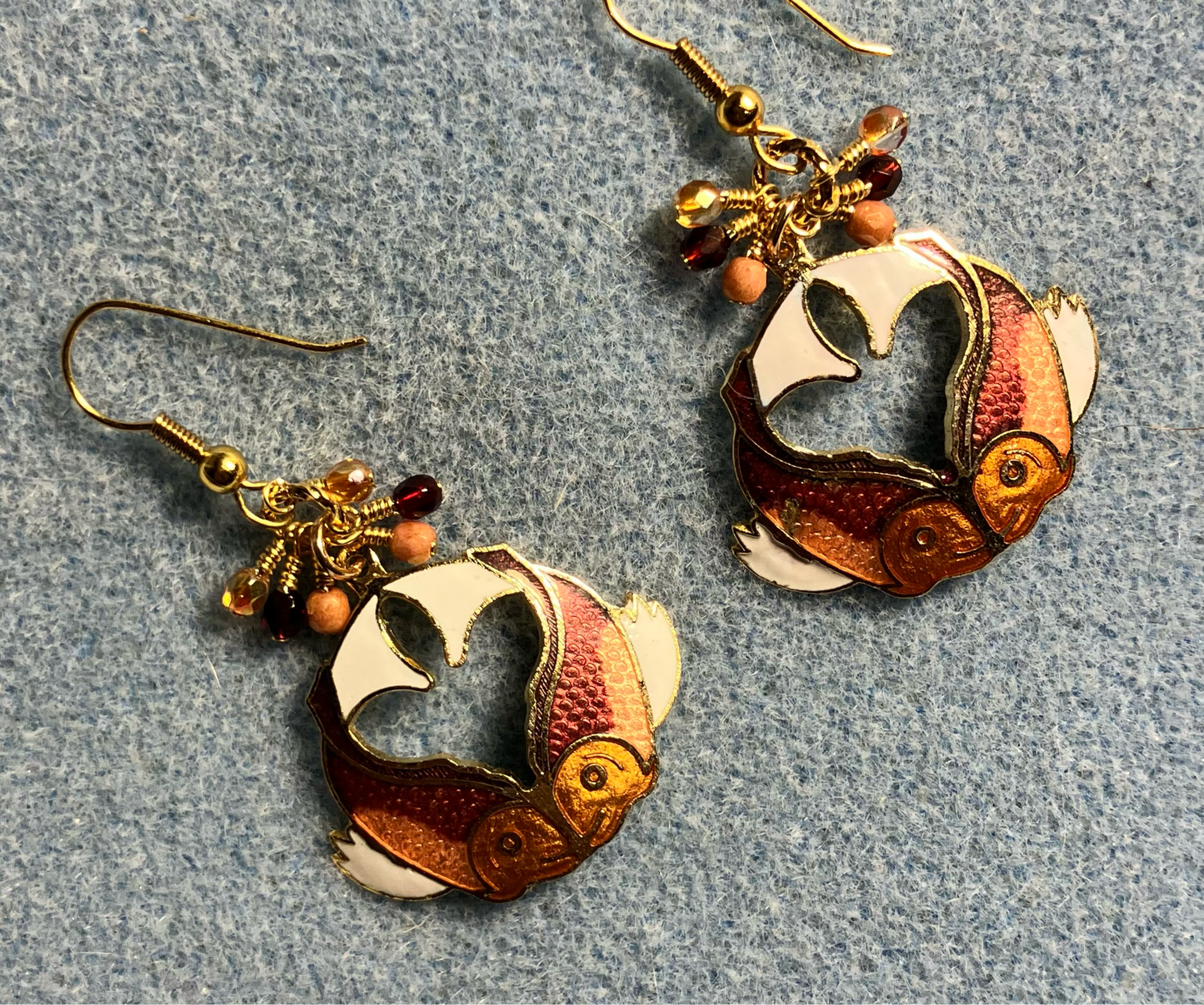 Vintage dark red, peach, white, and amber cloisonné koi charm earrings adorned with tiny dangling peach, dark red, and amber Czech glass beads.