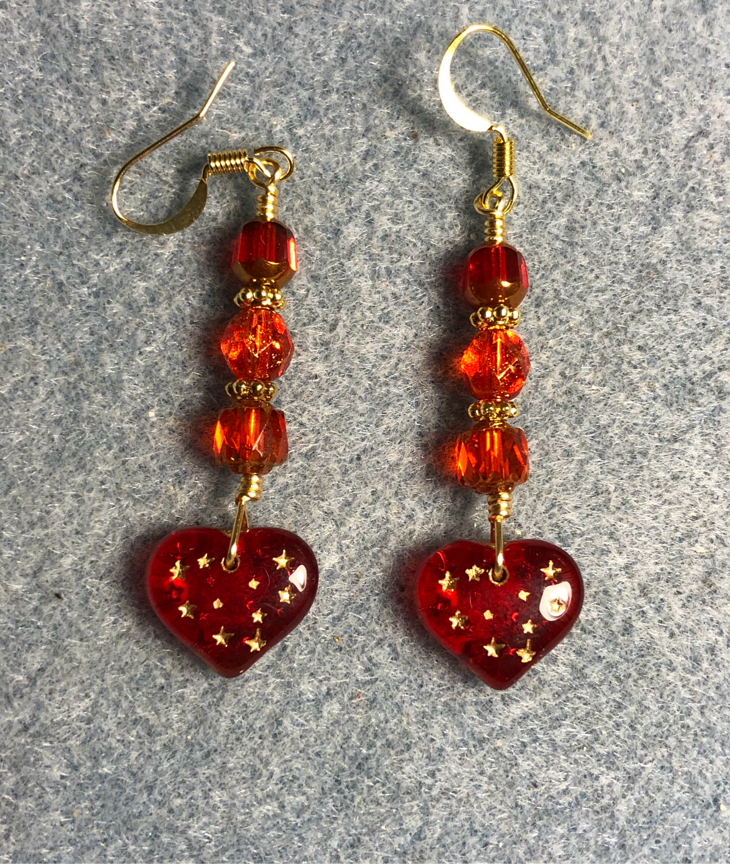Red Czech glass heart bead earrings adorned with red Czech glass beads.