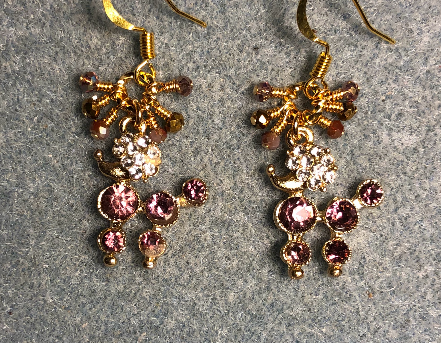Violet and clear rhinestone poodle charm earrings adorned with tiny dangling violet Chinese crystal beads.