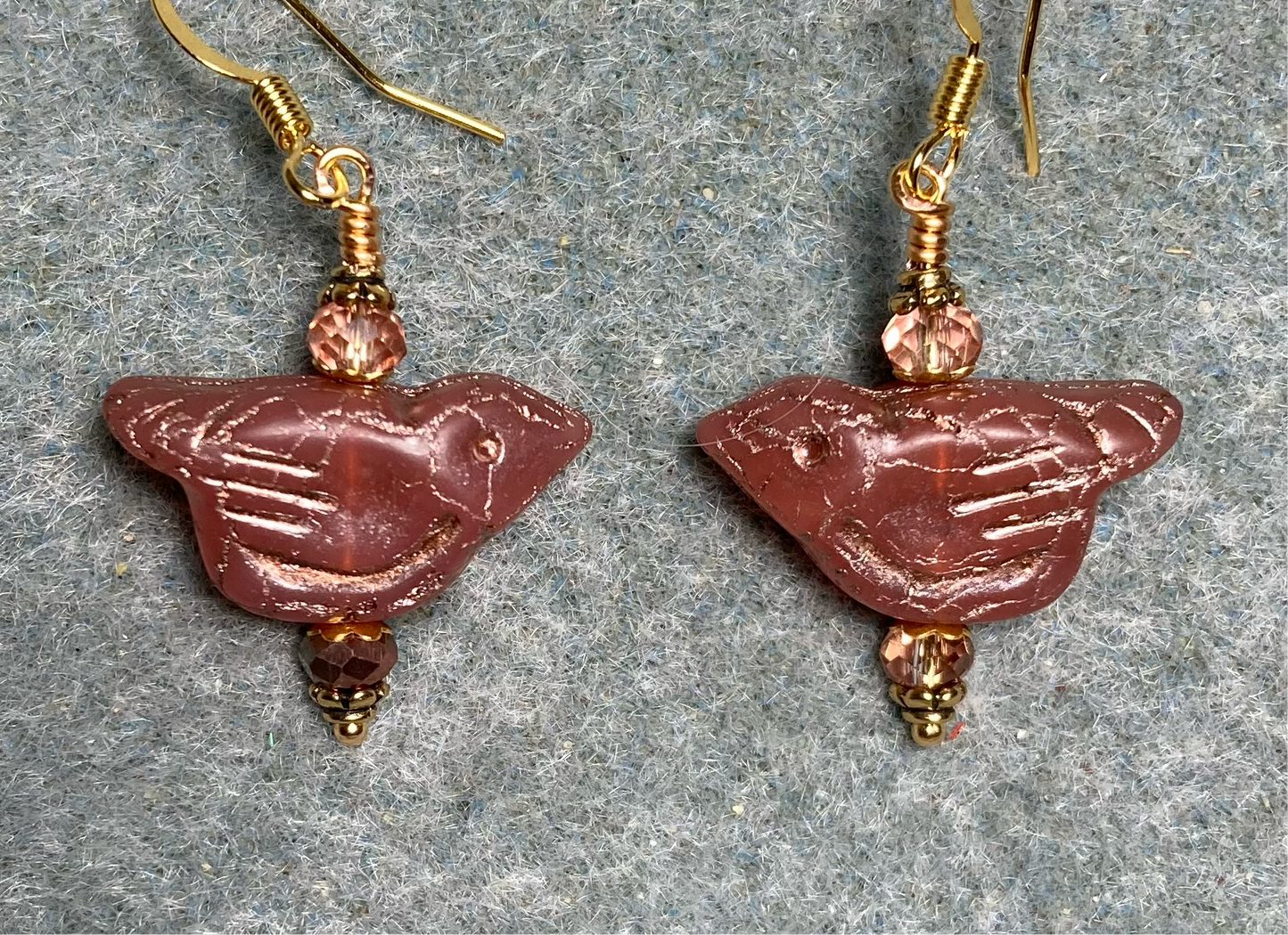 Cinnamon (with copper wash) Czech glass bird bead earrings adorned with gold Chinese crystal beads.