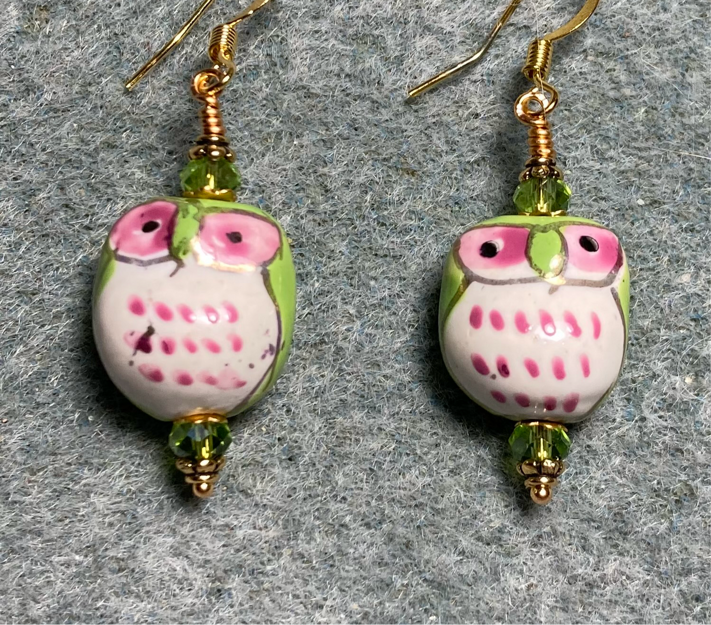 Lime green and pink ceramic spotted owl bead earrings adorned with lime green Chinese crystal beads.