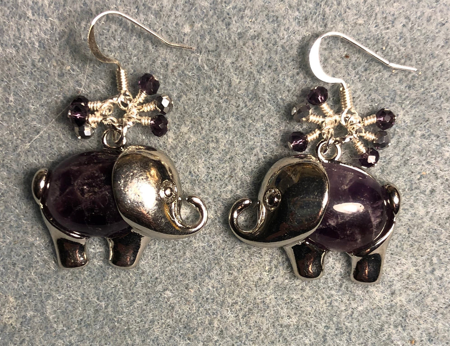 Large silver and purple amethyst gemstone elephant charm earrings adorned with small dangling purple and silver Czech glass beads.