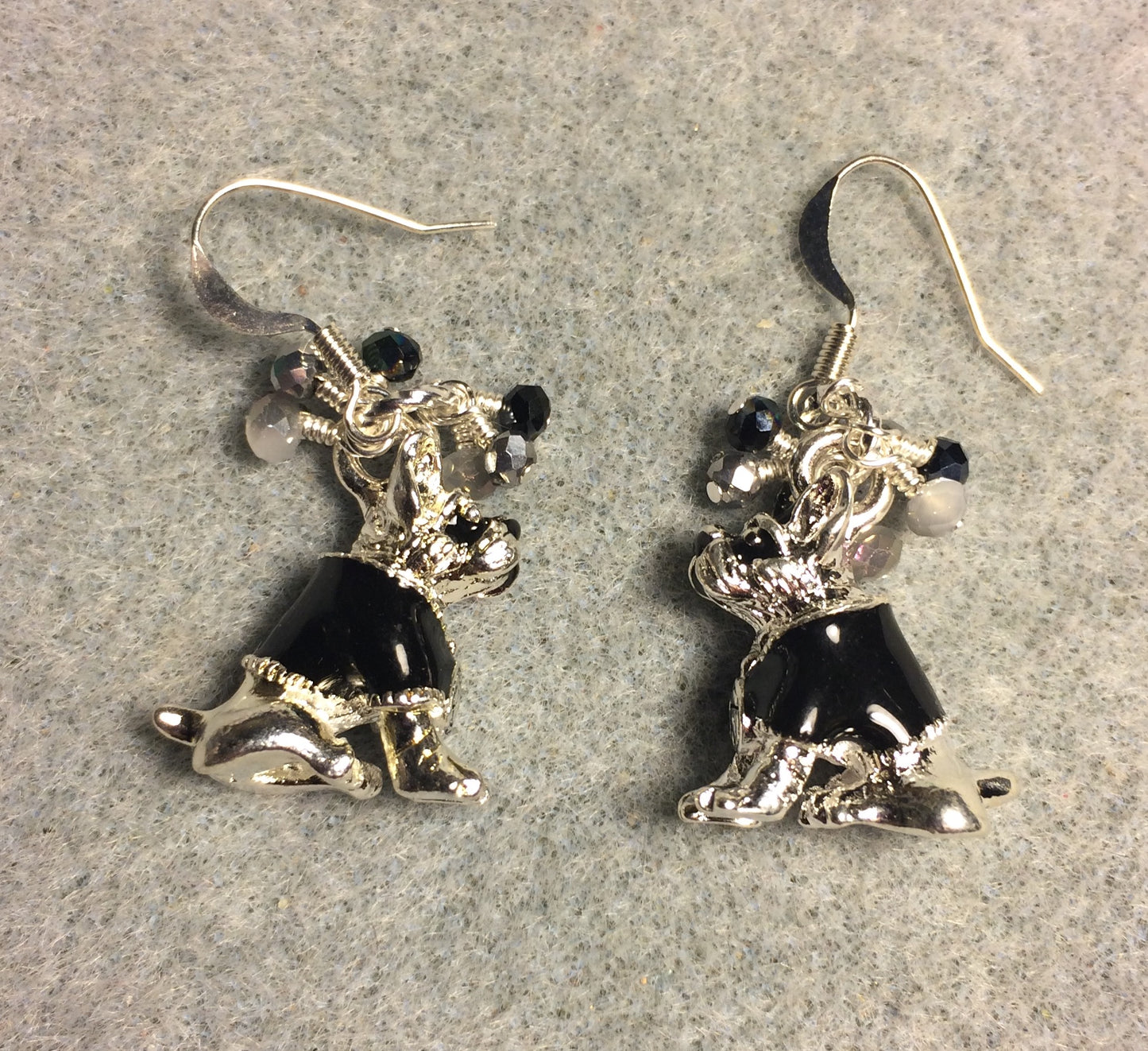 Black and silver enamel Boston Terrier dog charm earrings adorned with tiny dangling black and silver Chinese crystal beads.