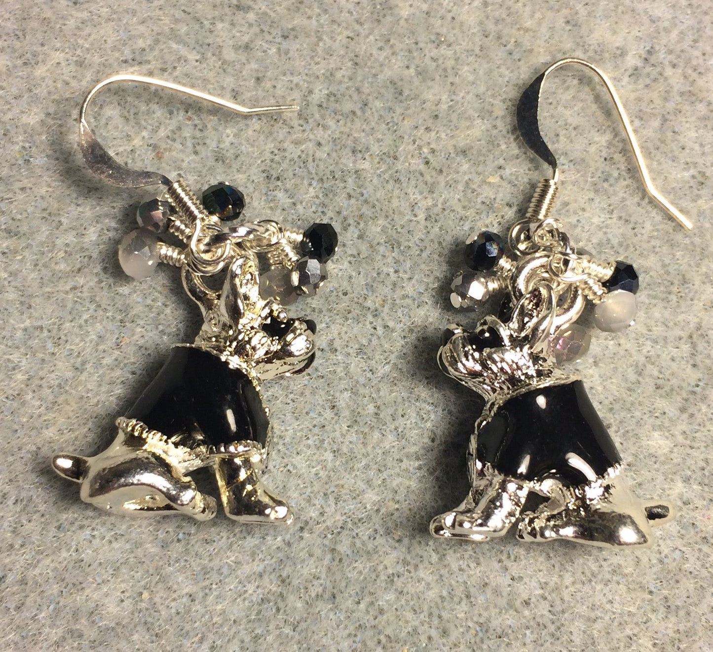 Black and silver enamel Boston Terrier dog charm earrings adorned with tiny dangling black and silver Chinese crystal beads.