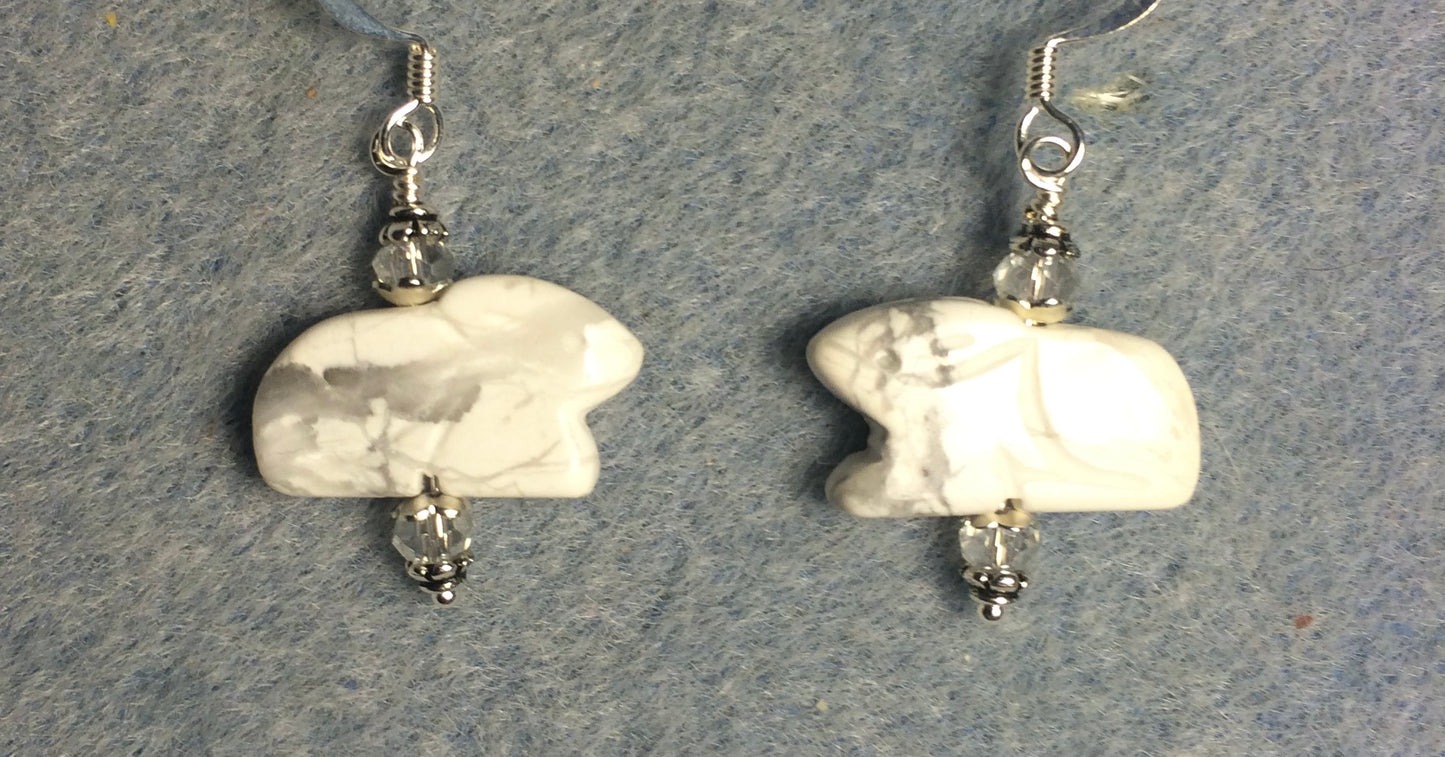 White howlite gemstone Zuni rabbit bead earrings adorned with clear Chinese crystal beads.