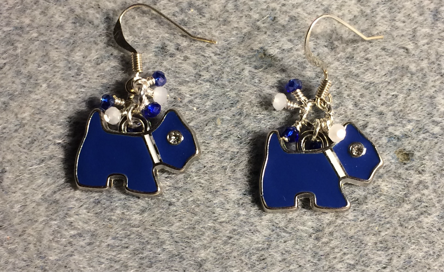 Dark blue enamel and rhinestone Scottish terrier dog charm earrings adorned with tiny dangling dark blue and white Chinese crystal beads.