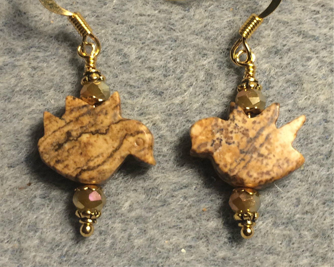 Picture jasper gemstone flying dove bead earrings adorned with tan Chinese crystal beads.