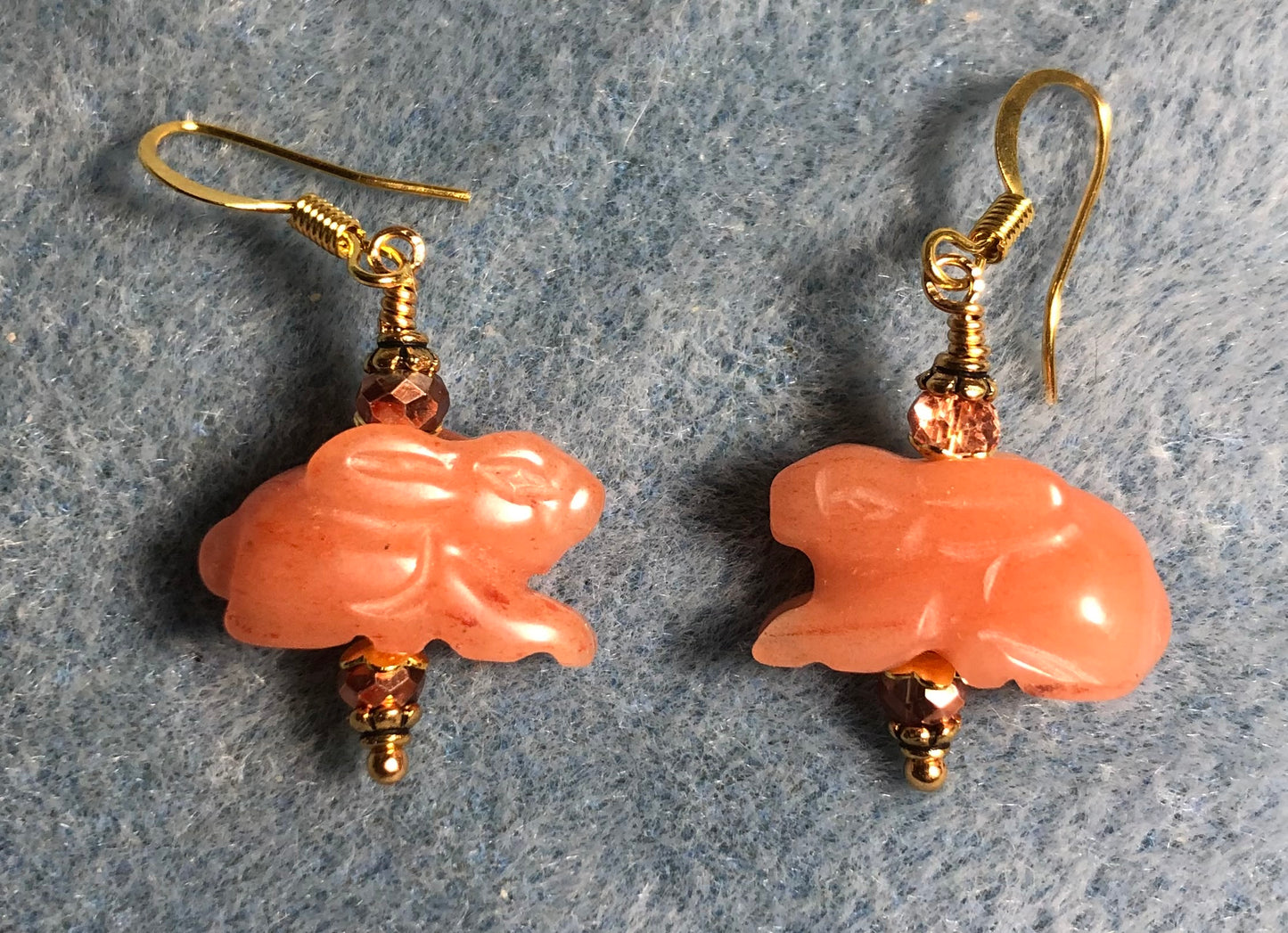 Orange aventurine gemstone rabbit bead earrings adorned with orange gold Chinese crystal beads.