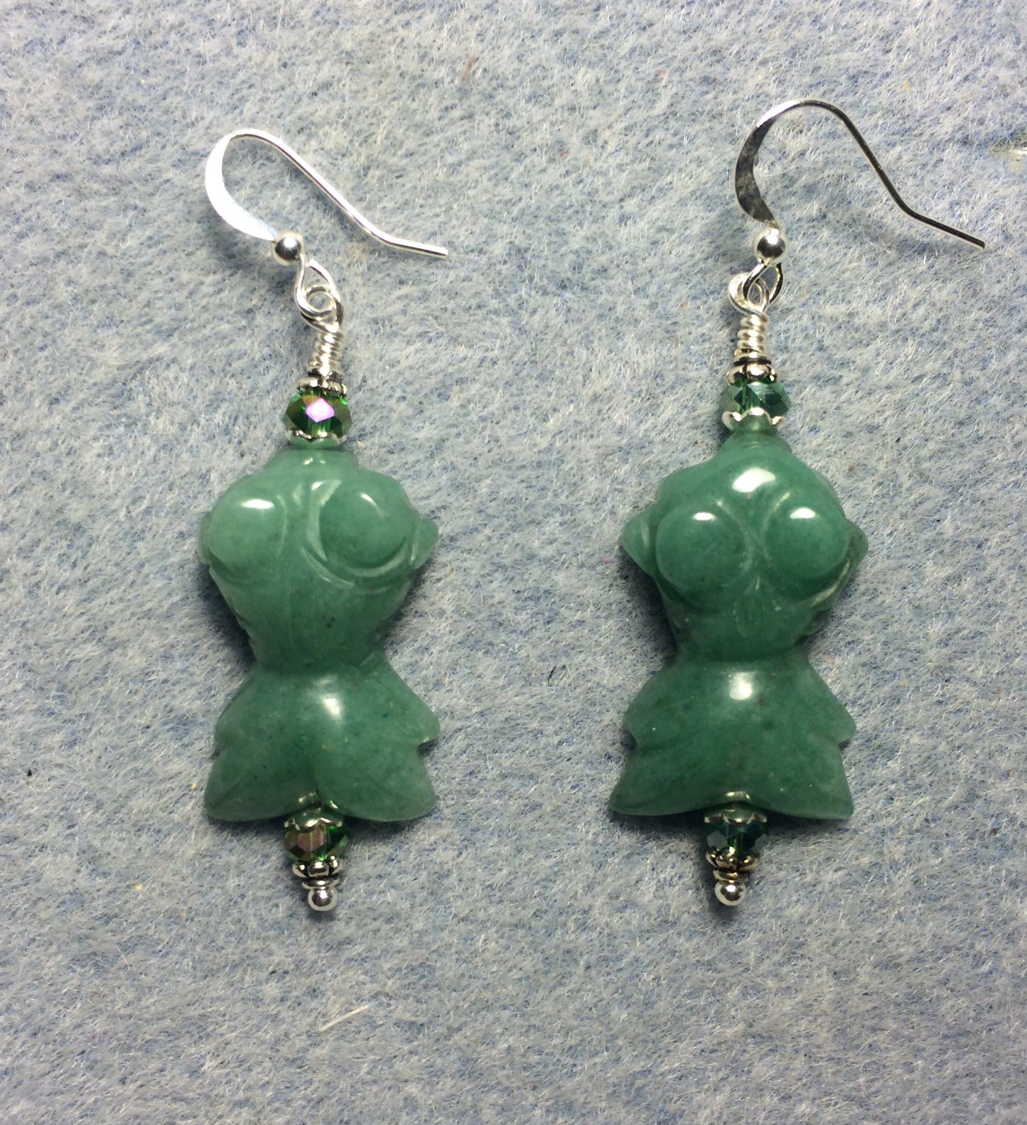 Green aventurine gemstone goldfish bead earrings adorned with green Chinese crystal beads.