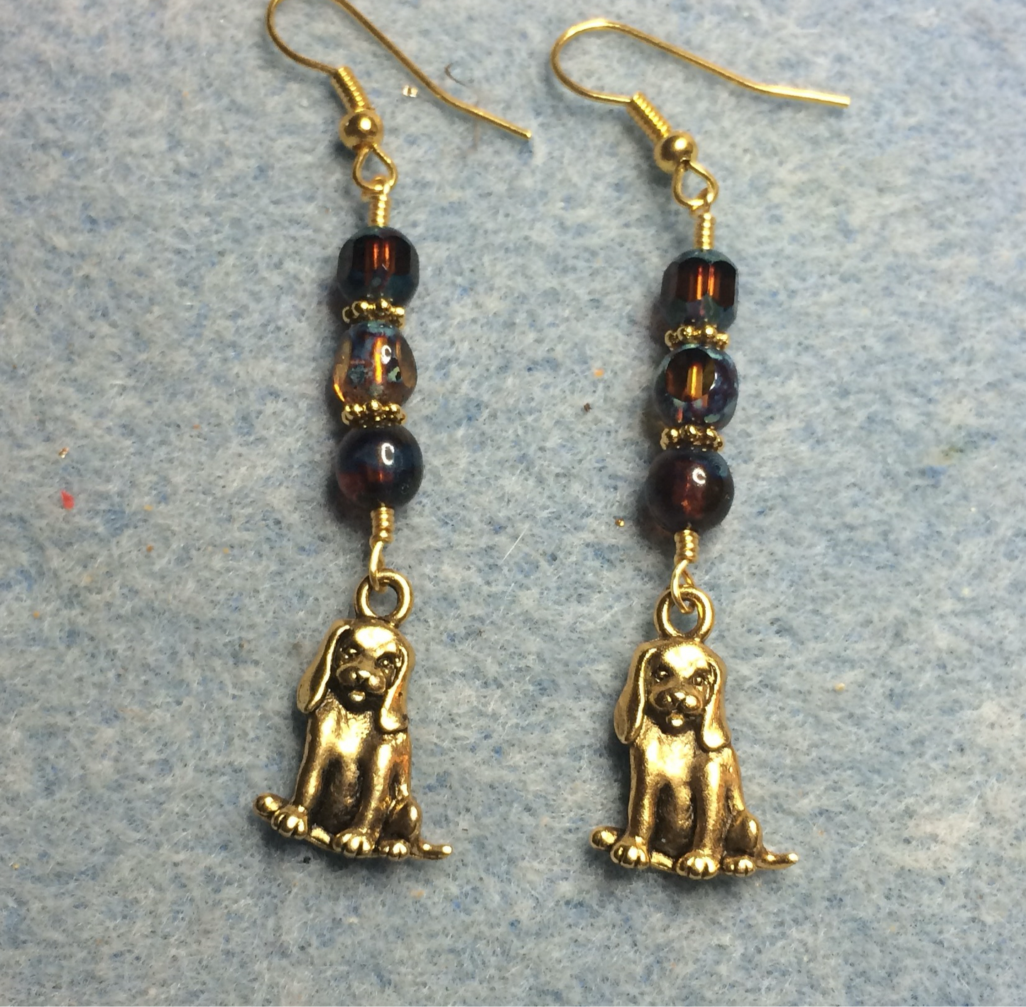 Gold puppy dog charm earrings adorned with brown and gold Czech glass beads