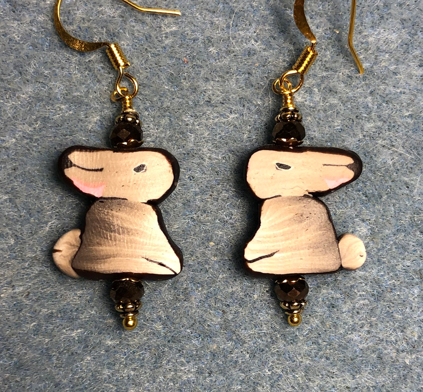 Brown and tan polymer clay bunny rabbit bead earrings adorned with brown Chinese crystal beads.