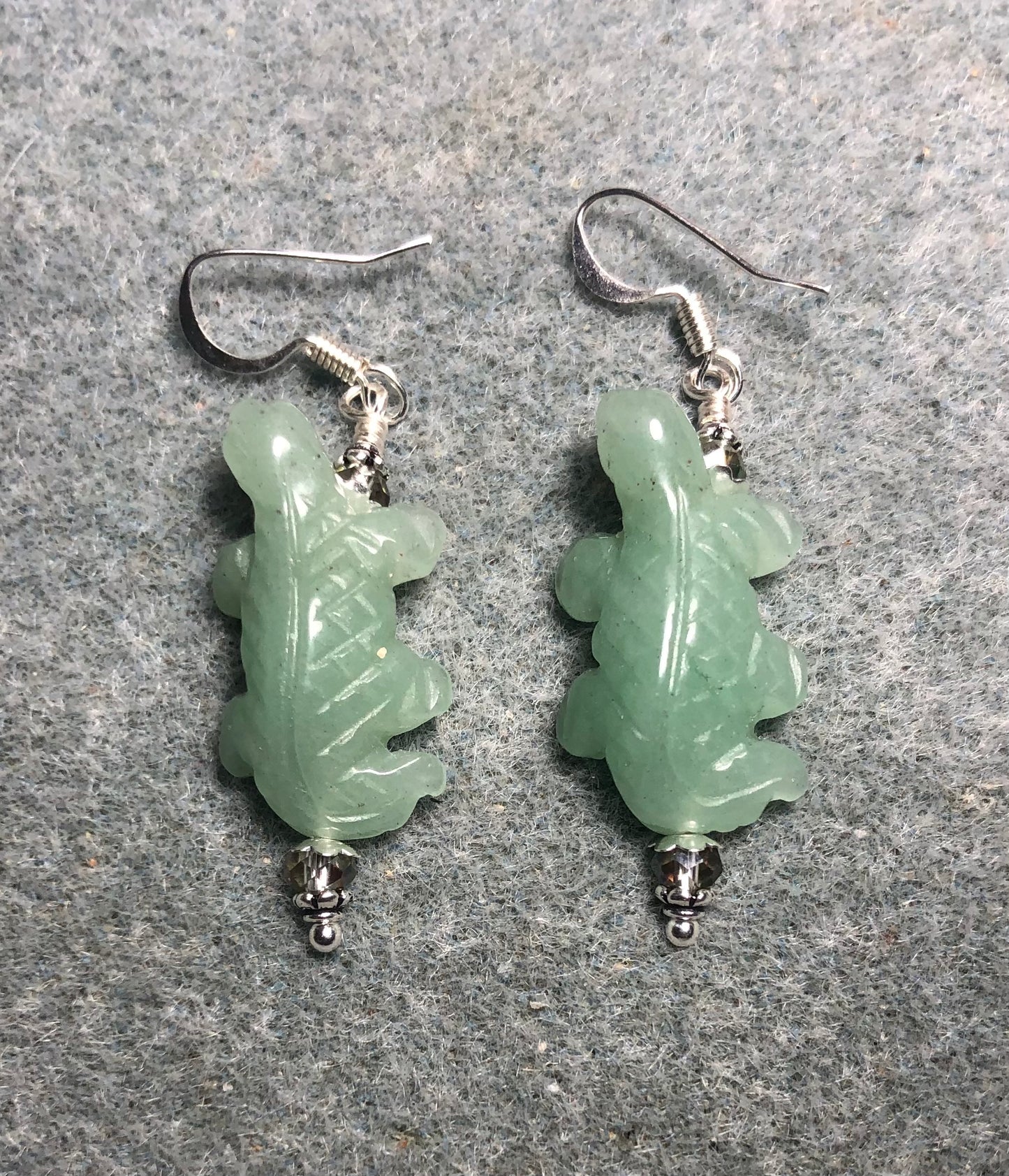 Green aventurine lizard bead earrings adorned with green Chinese crystal beads.