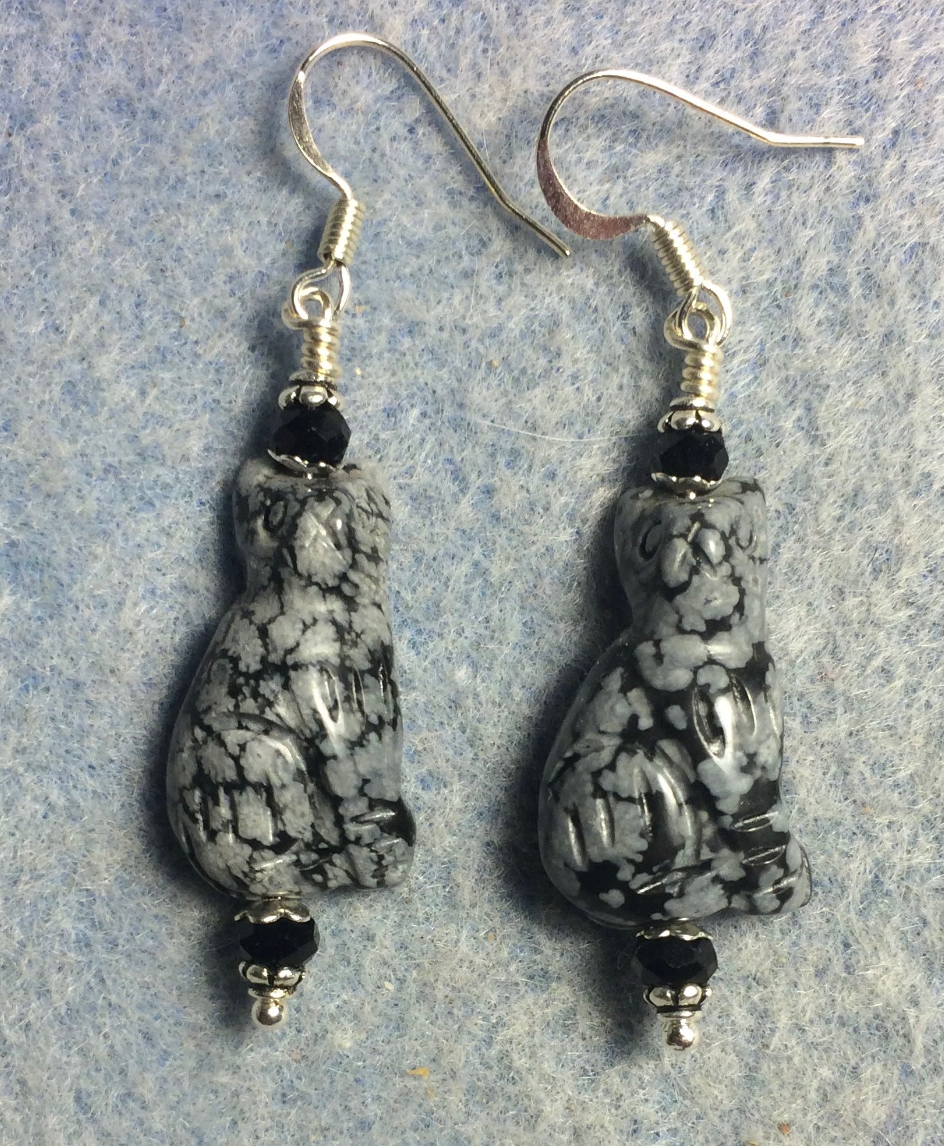 Snowflake obsidian gemstone cat bead earrings adorned with black Chinese crystal beads.
