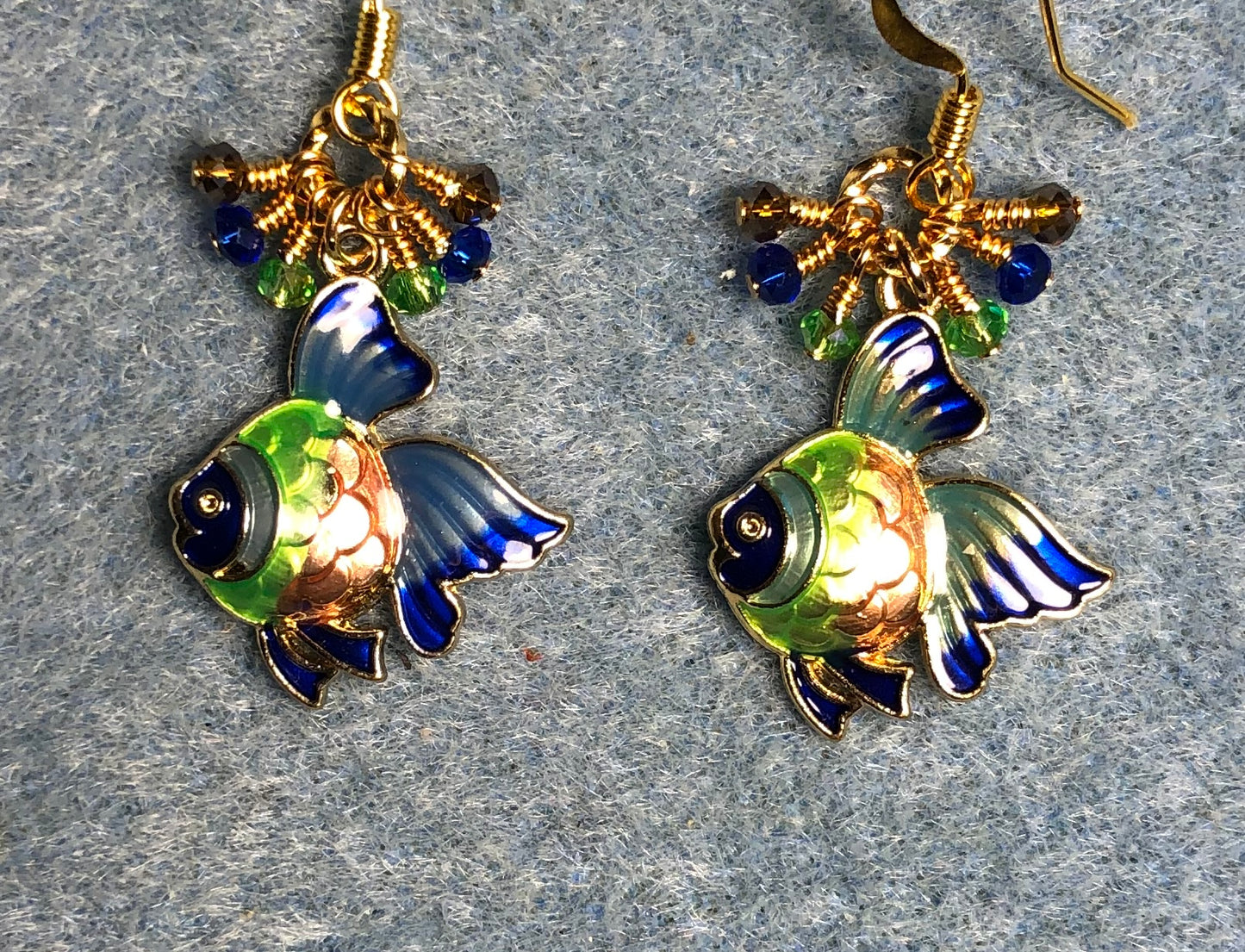 Dark blue, olive green, and amber enamel angelfish charm earrings adorned with tiny dangling dark blue, olive green, and amber Chinese crystal beads.