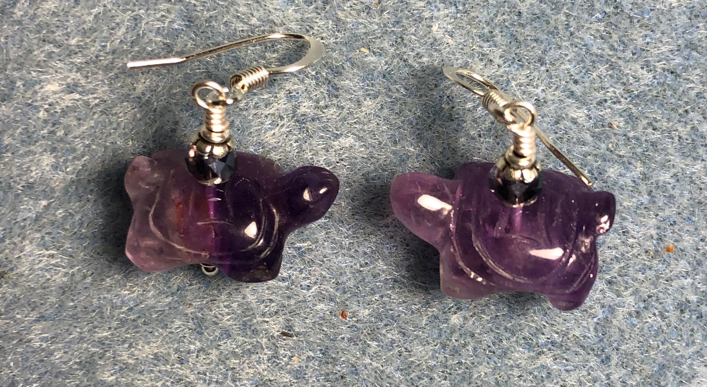 Genuine amethyst gemstone turtle bead earrings adorned with purple Chinese crystal beads.