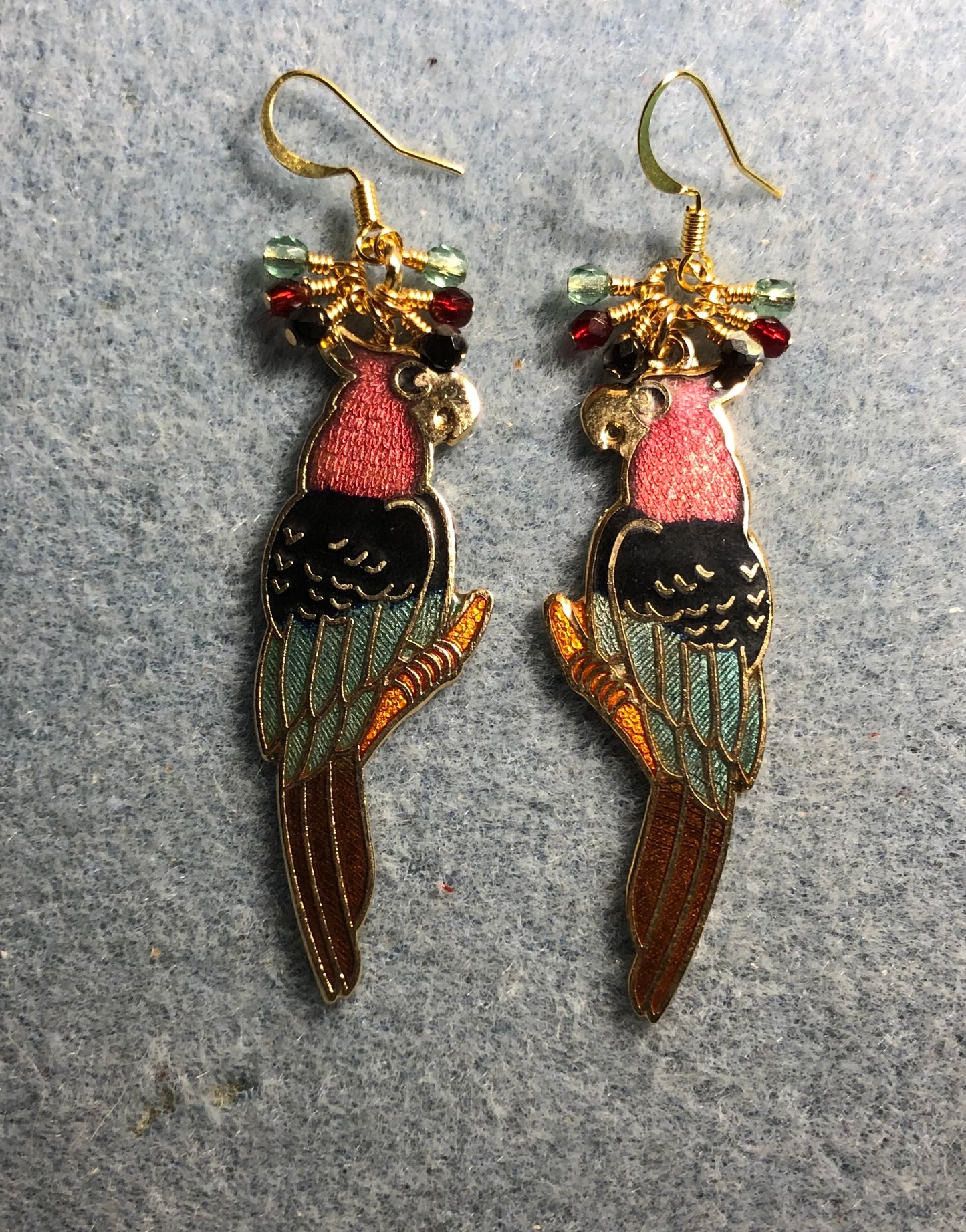 Vintage dark red, aqua, and black cloisonné parrot charm earrings adorned with small dangling dark red, aqua, and black Czech glass beads.