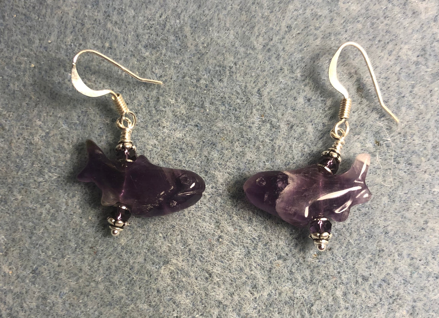 Genuine amethyst gemstone shark bead earrings adorned with purple Chinese crystal beads.
