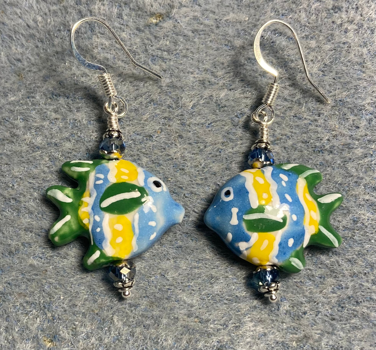 Light blue, yellow, and green ceramic angelfish bead earrings adorned with light blue Chinese crystal beads.
