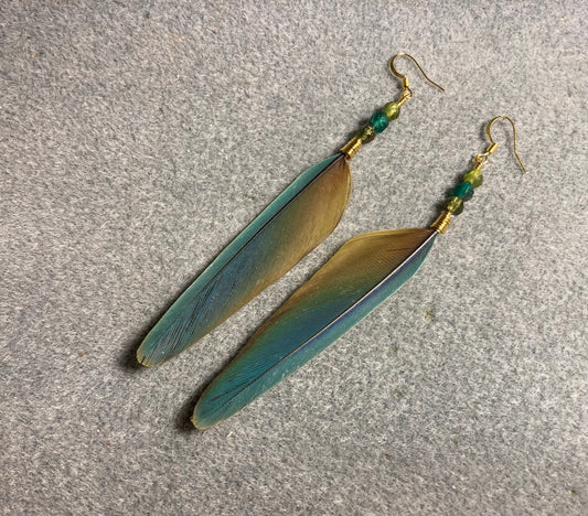 Turquoise and olive green mini macaw feather earrings adorned with turquoise and olive green Czech glass beads.