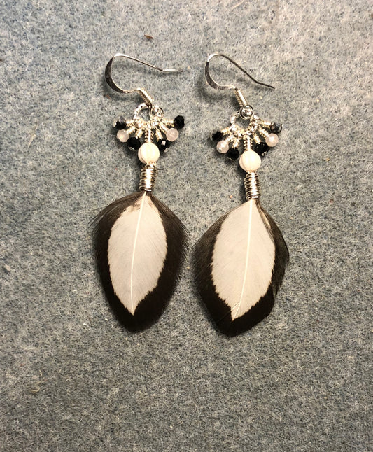 Small white and black chicken feather earrings adorned with white Czech glass beads and tiny dangling white and black Chinese crystal beads.