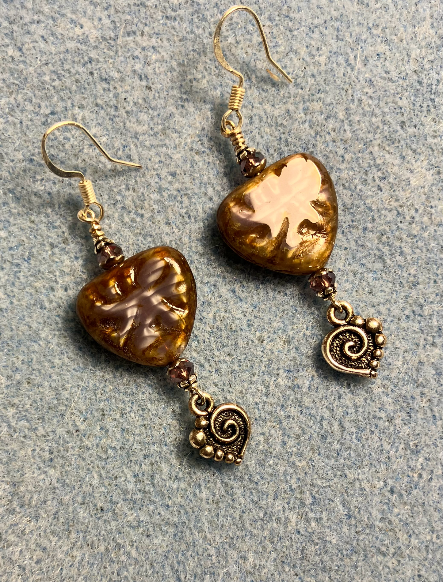Violet Picasso Czech glass heart bead earrings made with turquoise Chinese crystal beads and silver Tierracast spiral heart charms.