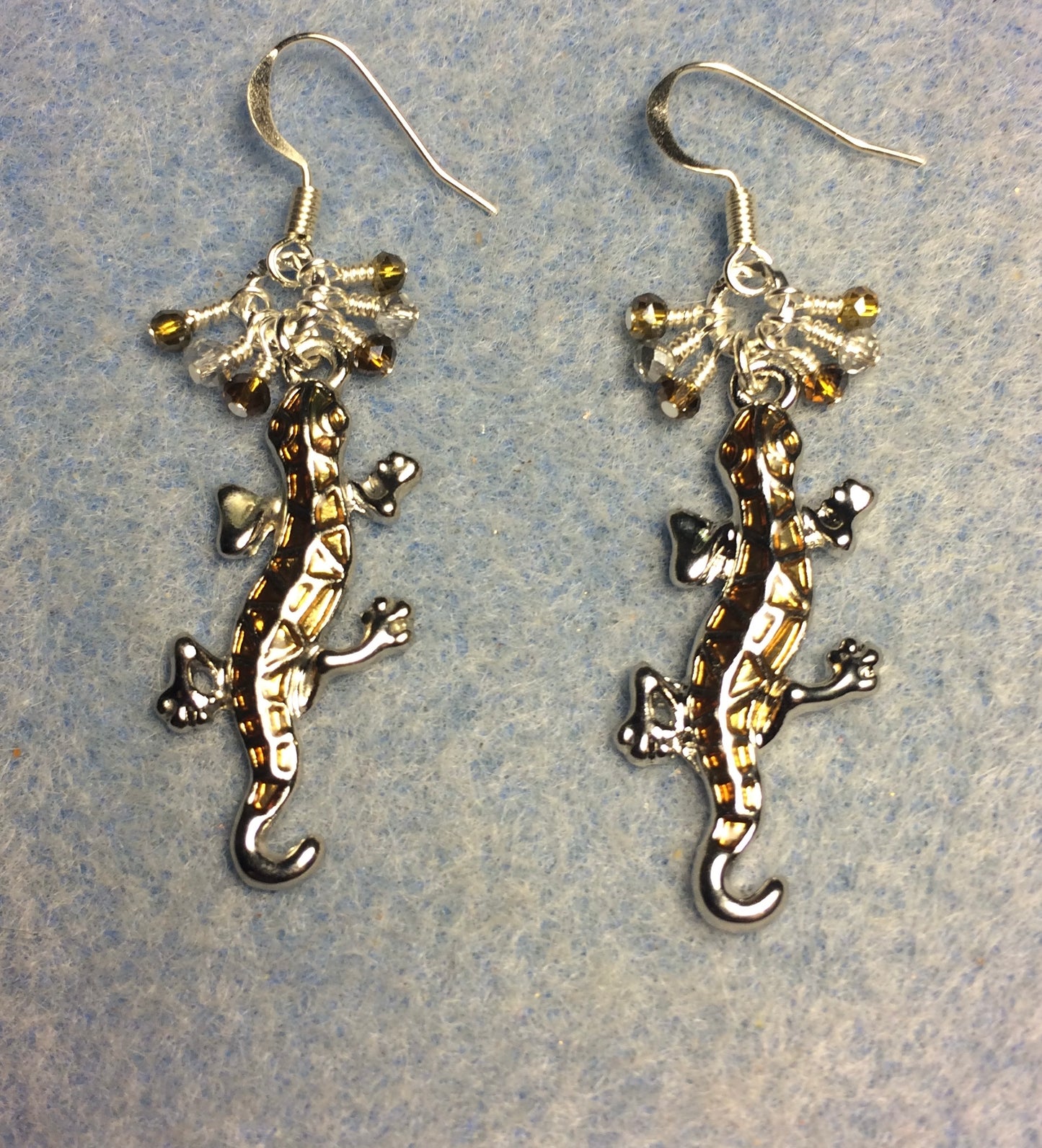 Silver and amber enamel lizard charm earrings adorned with small dangling silver and amber Chinese crystal beads.