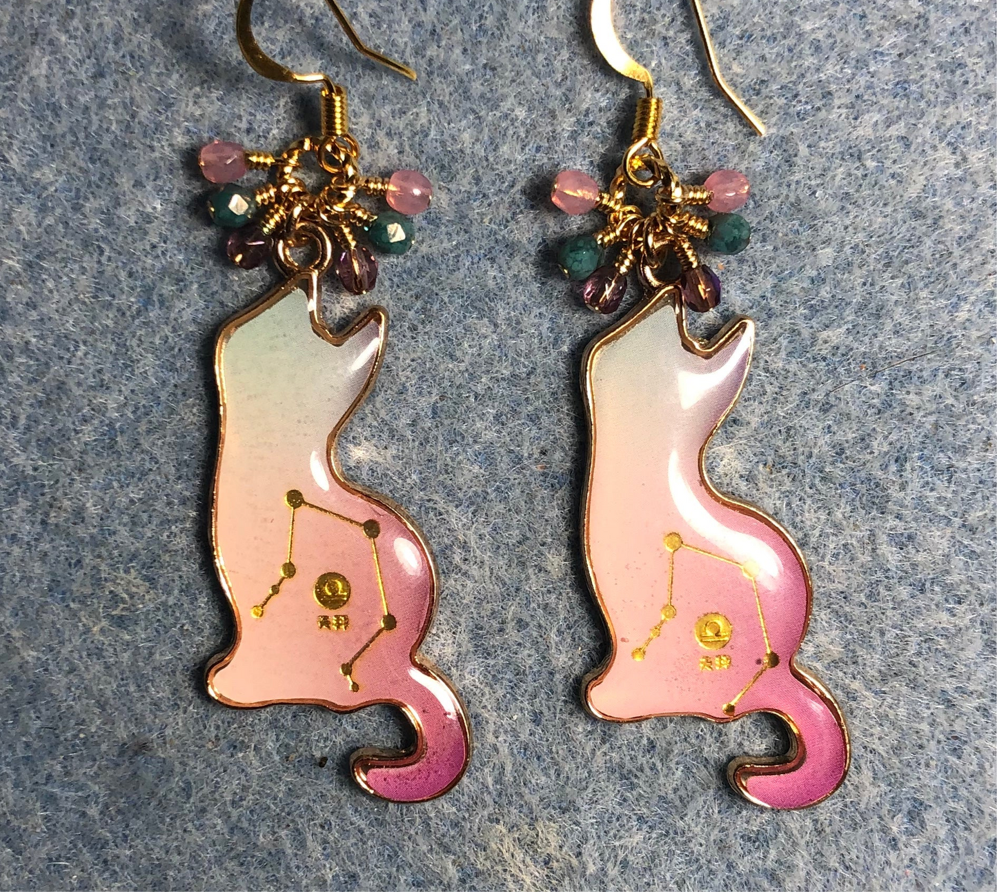 Hot pink, light pink, and turquoise enamel cat charm earrings adorned with tiny dangling hot pink, light pink, and turquoise Czech glass beads.