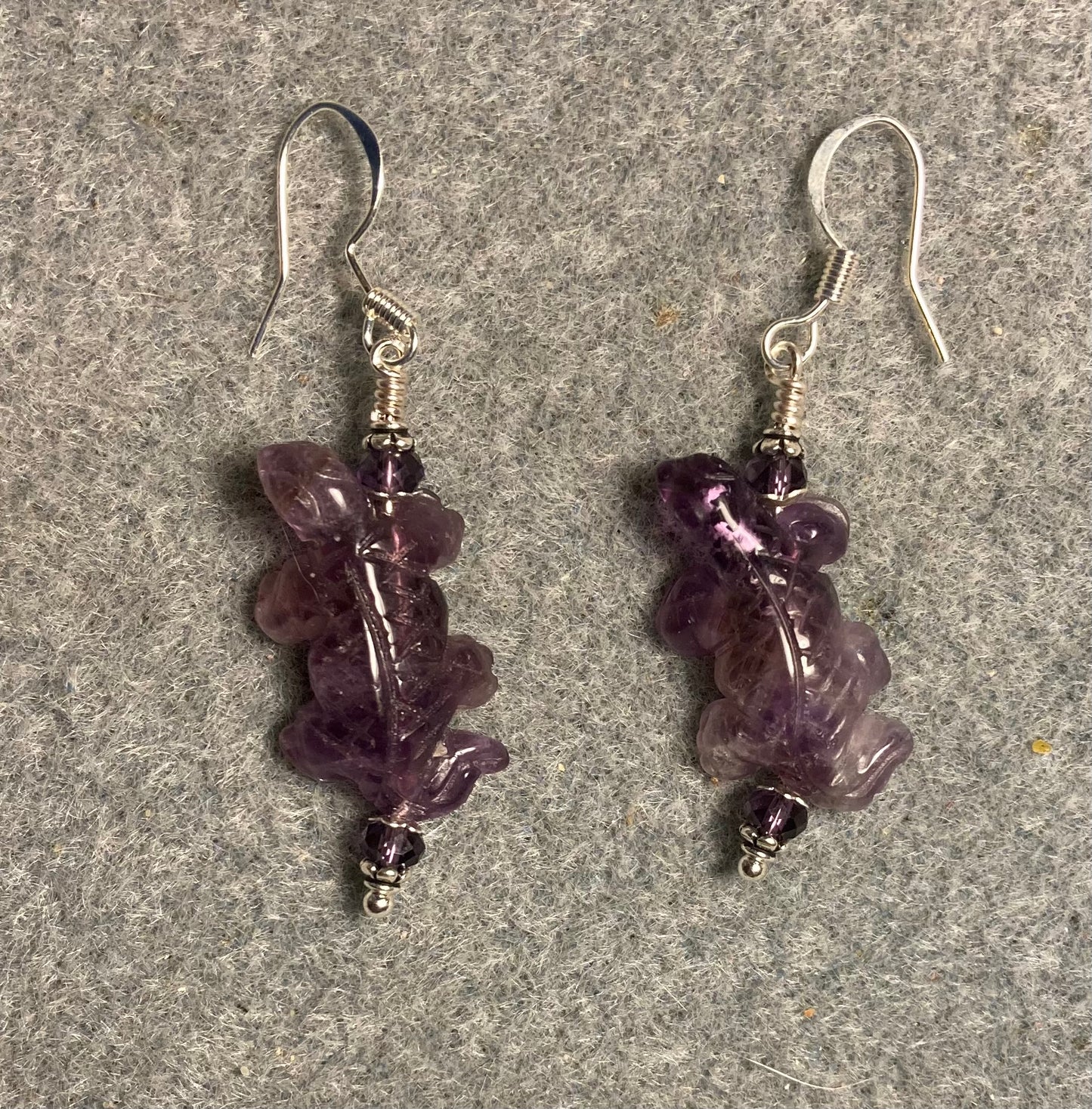 Amethyst gemstone lizard bead earrings adorned with purple Chinese crystal beads.