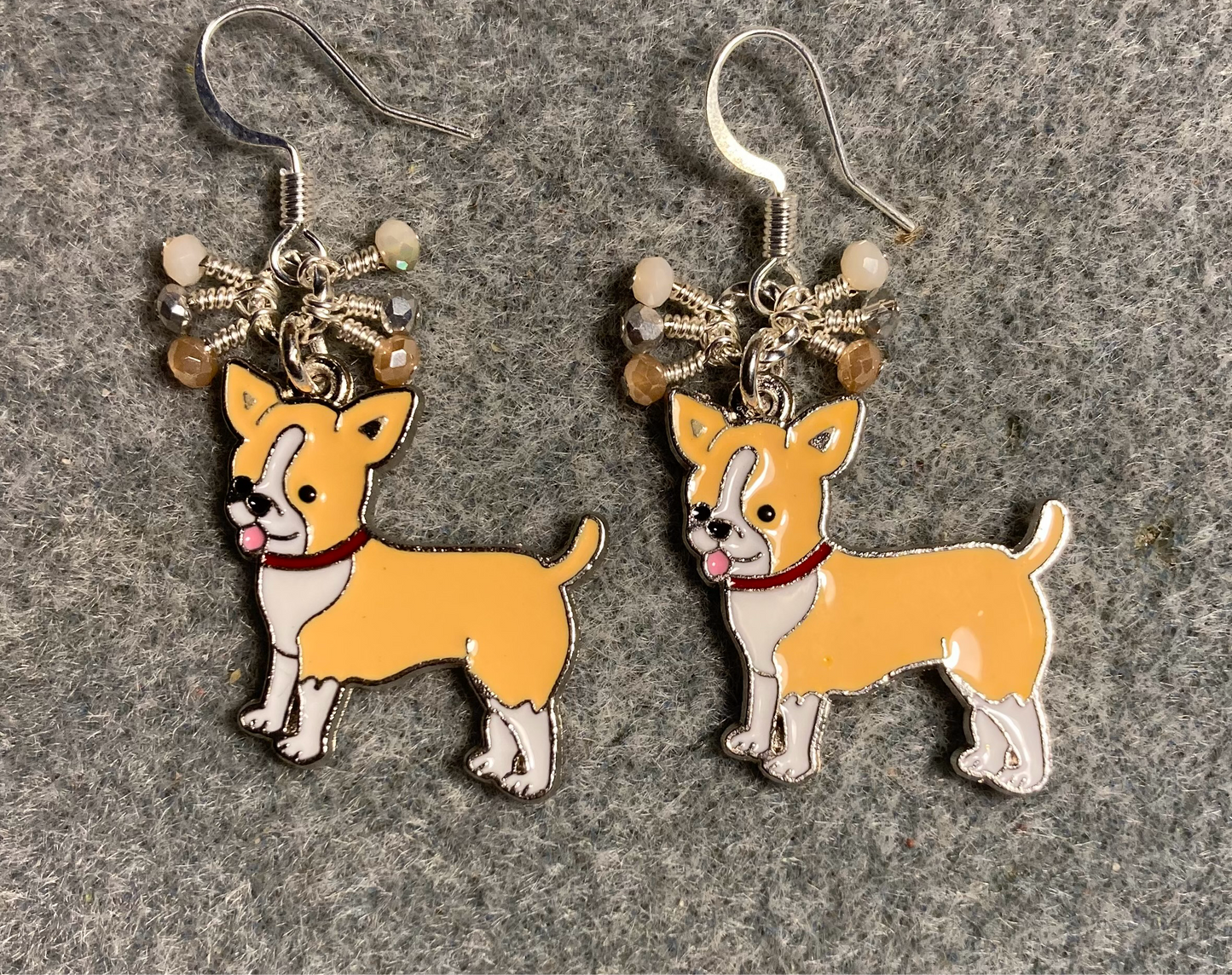 Peach and off white enamel chihuahua charm earrings adorned with tiny dangling peach, off white, and silver Chinese crystal beads.