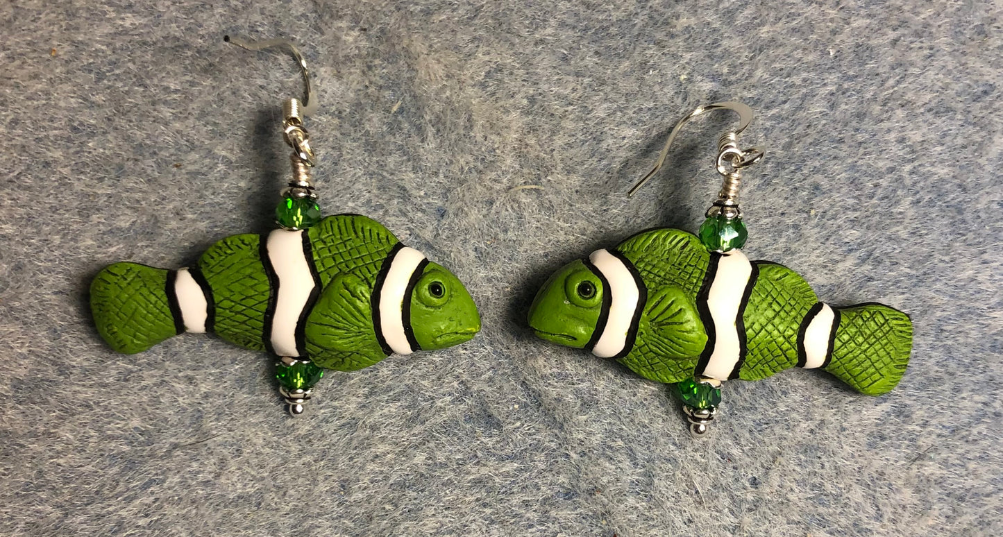 Green and white ceramic striped clownfish bead earrings adorned with olive green Chinese crystal beads.