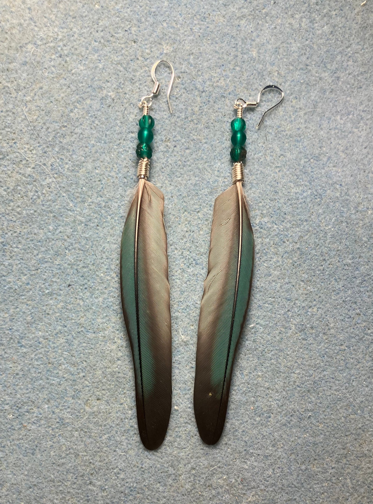 Long teal green cheeked conure feather earrings adorned with teal Czech glass melon beads.