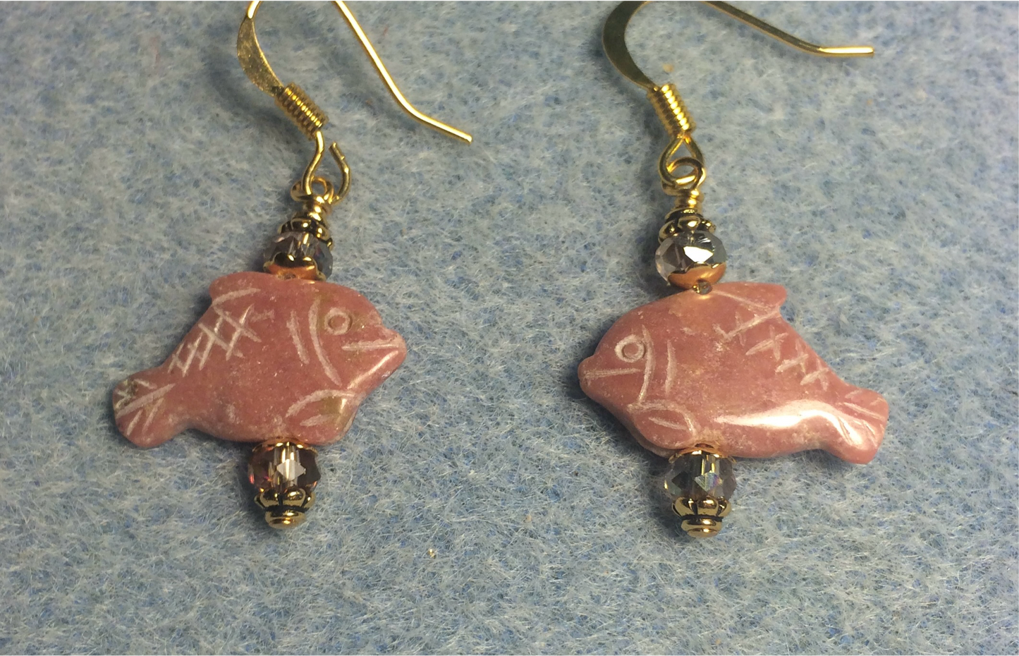 Small pink rhodonite gemstone fish bead earrings adorned with sparkly pink Chinese crystal beads.