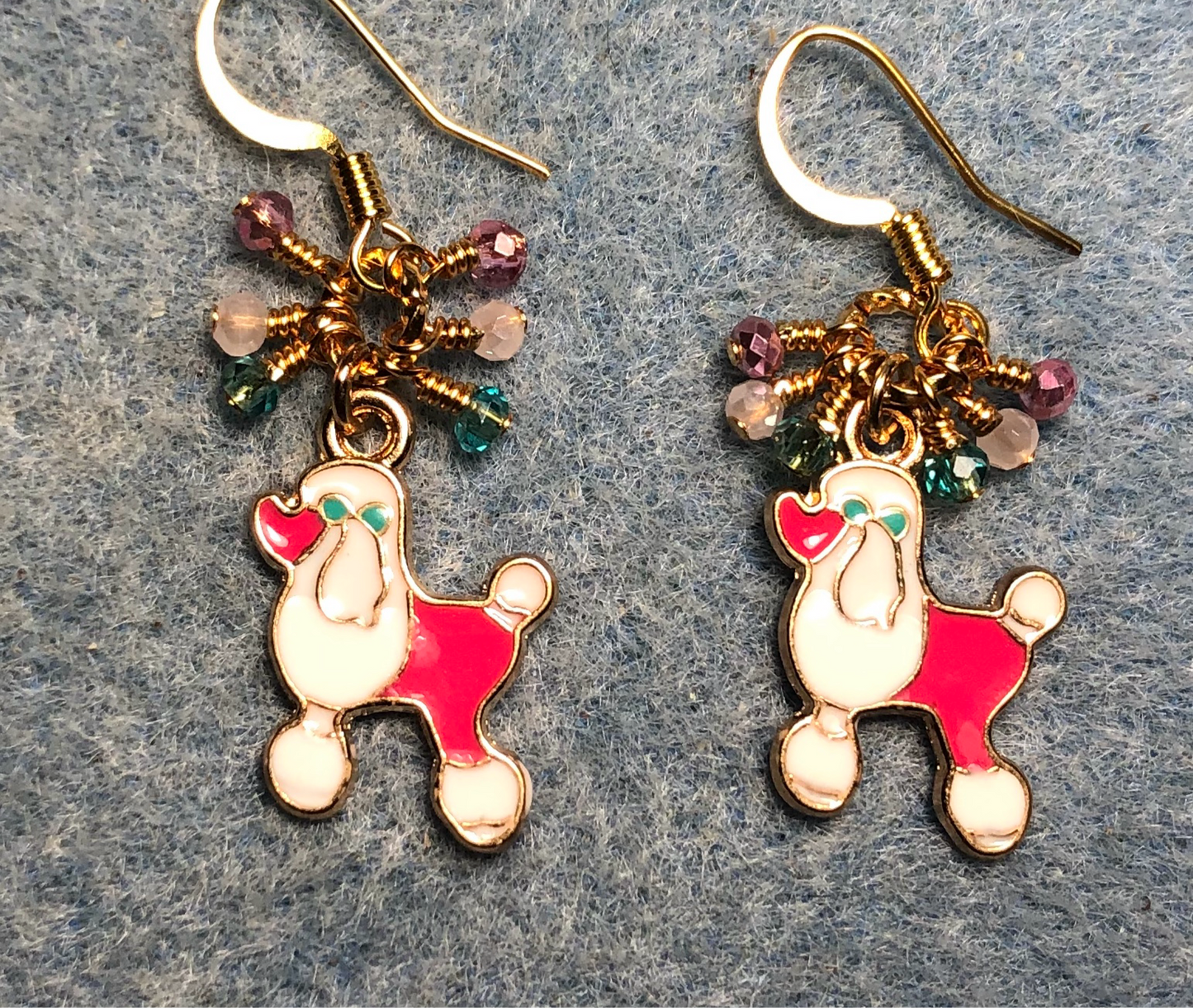 Hot pink, white, and turquoise enamel poodle charm earrings adorned with tiny dangling pink, white, and turquoise Chinese crystal beads.