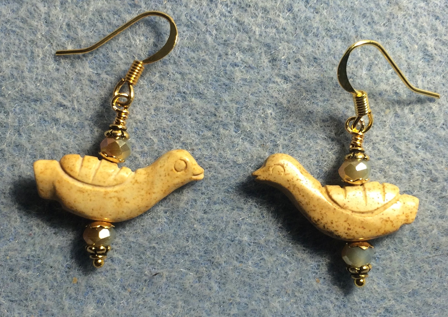 Picture jasper gemstone goose bead earrings adorned with tan Chinese crystal beads.