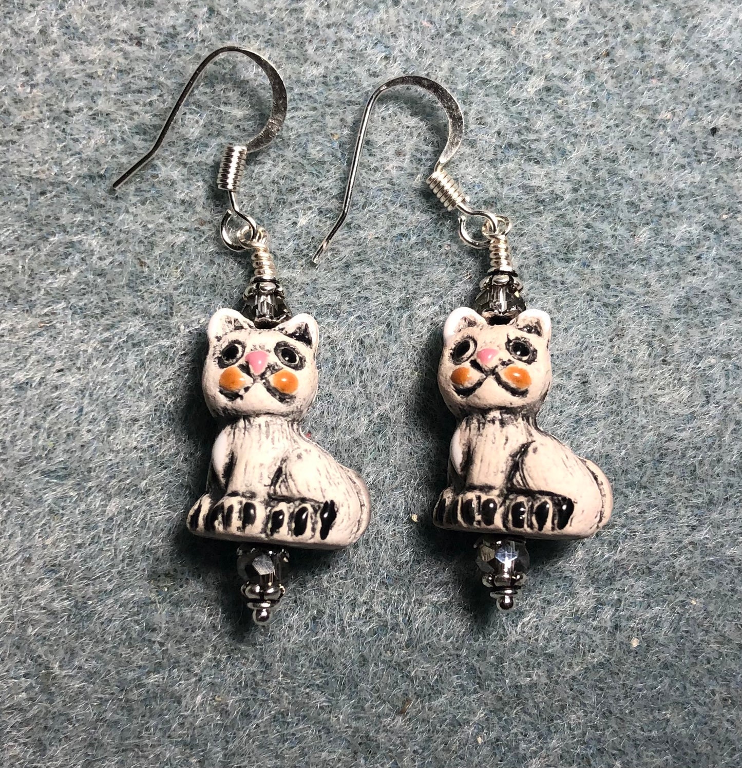 Small grey ceramic cat bead earrings adorned with clear Chinese crystal beads.