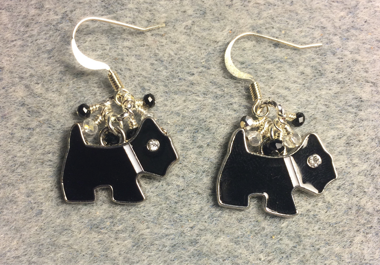 Black enamel and rhinestone Scottish terrier dog charm earrings adorned with tiny dangling black and clear Chinese crystal beads.