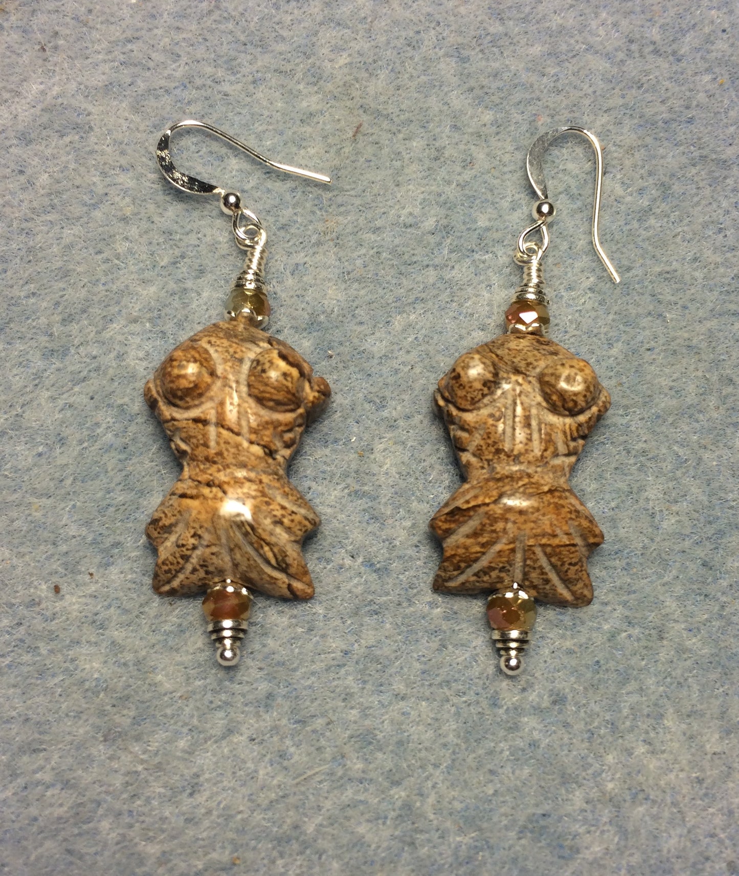 Picture jasper gemstone goldfish bead earrings adorned with topaz Chinese crystal beads.